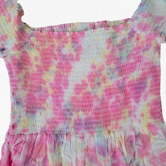 Pink White Tie Dye Smocked Off the Shoulder Area Stars Kaia Dress Size Small - Picture 8 of 13